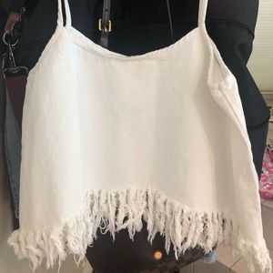 white denim fringe top